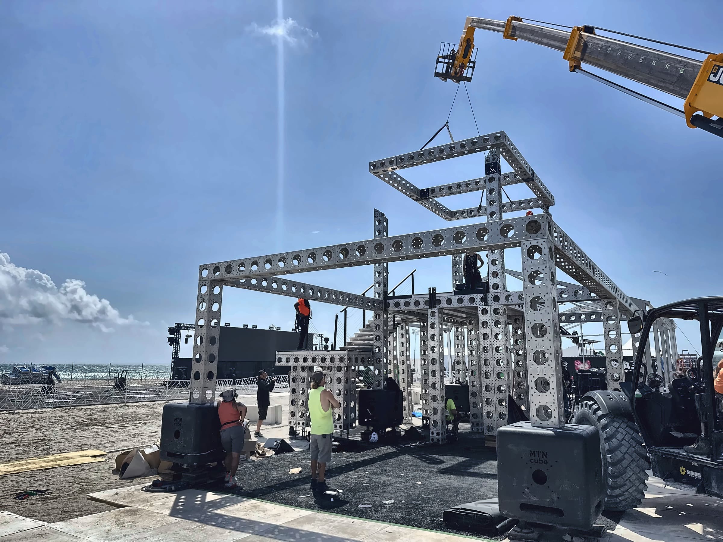 Large outdoor stage structure assembly on the beach